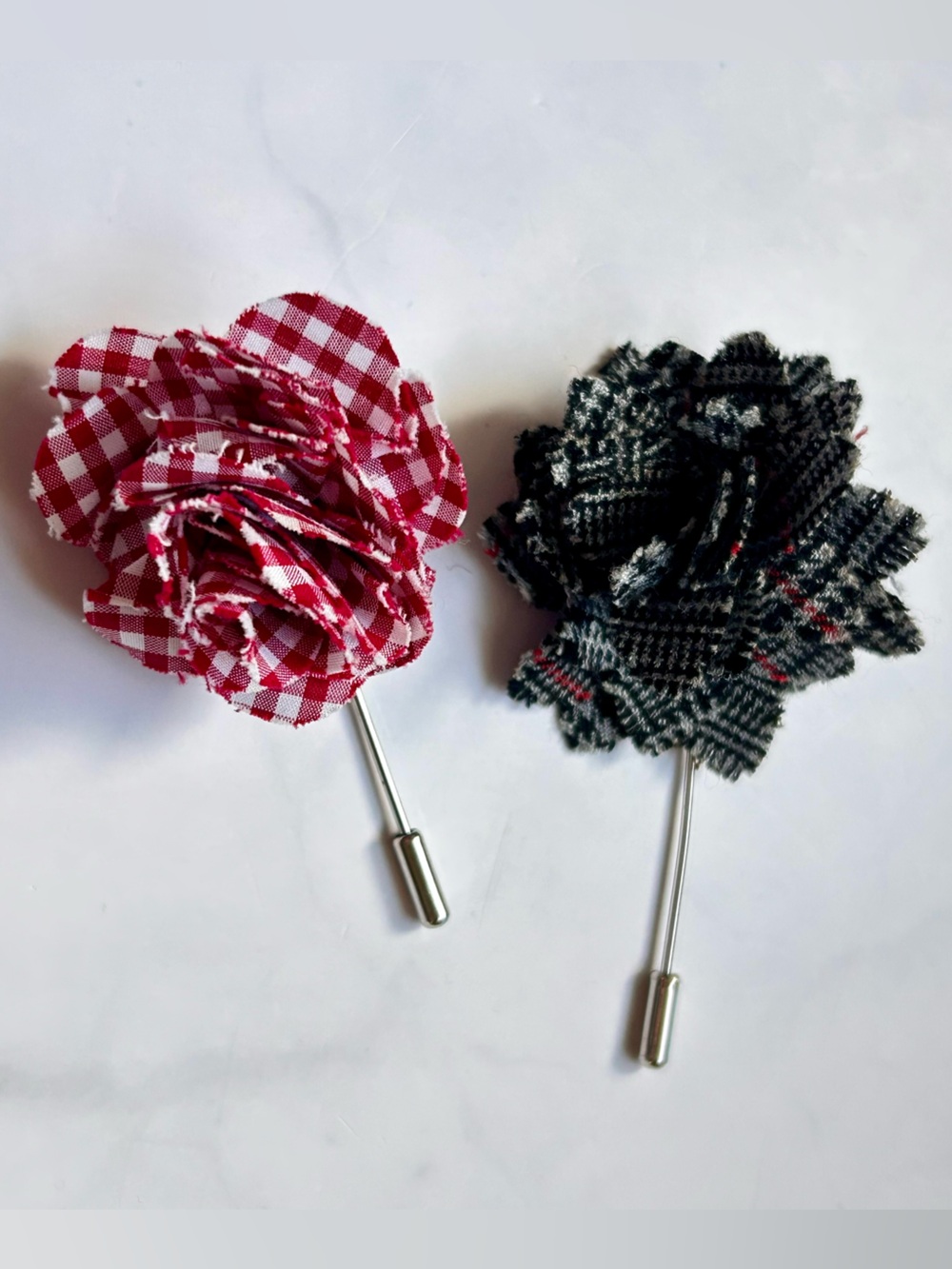 Set of 2 men’s Floral Lapel Pins - plaid & checker fabric boutonnières
